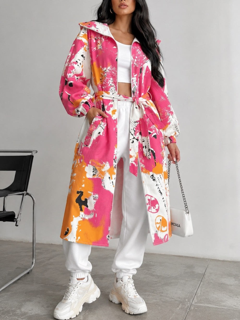 Pink & Orange Abstract Print Trench Coat